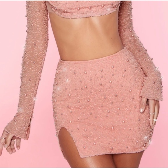 Oh Polly Belle Ile rose beaded pearl slit mini skirt NWT - Picture 11 of 11